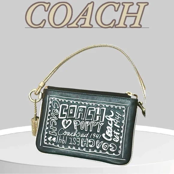 Coach Poppy Black & Gold Bag Convertible Wristlet With Metal & Leather Hang Tags - Picture 5 of 11